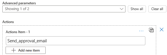 [アクション項目 -1] ボックスとアクションの JSON 名を示すスクリーンショット。
