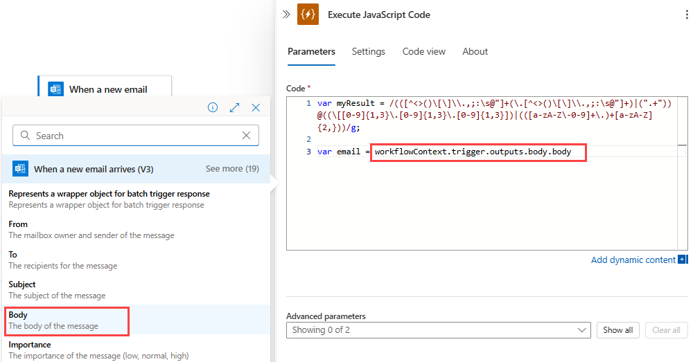 従量課金ワークフロー、[JavaScript コードの実行] アクション、動的なコンテンツのリスト、選択された電子メール メッセージの [本文] プロパティを示すクリーンショット。