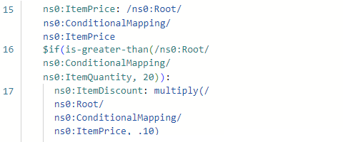 スクリーンショットには、[コード] ペインが示されています。Greater、If、Multiply の各関数を使用したソースおよびターゲット要素の間の条件付きのマッピングが表示されています。