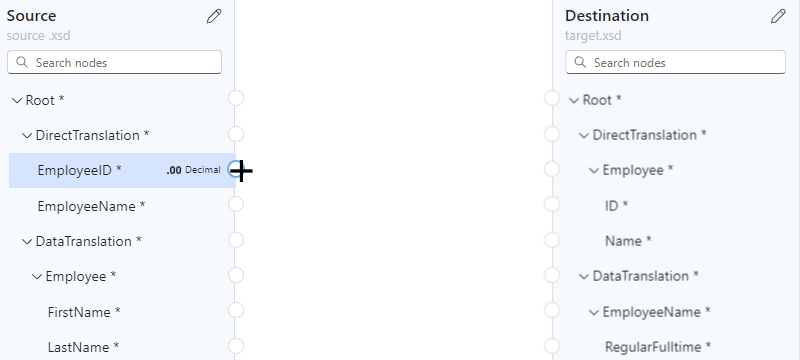 スクリーンショットには、ソース要素の上にポインターを置いた Data Mapper が示されています