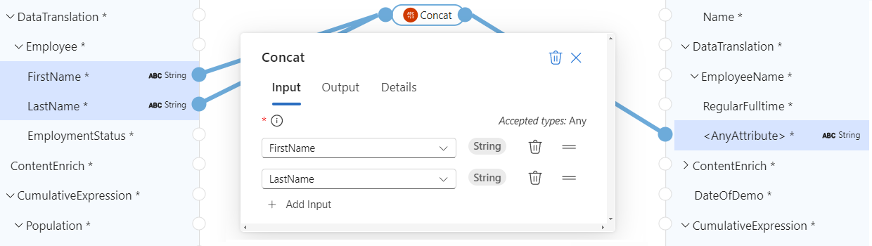 スクリーンショットには、複数の入力、Concat 関数、およびターゲット要素間の完了したマッピングが示されています。
