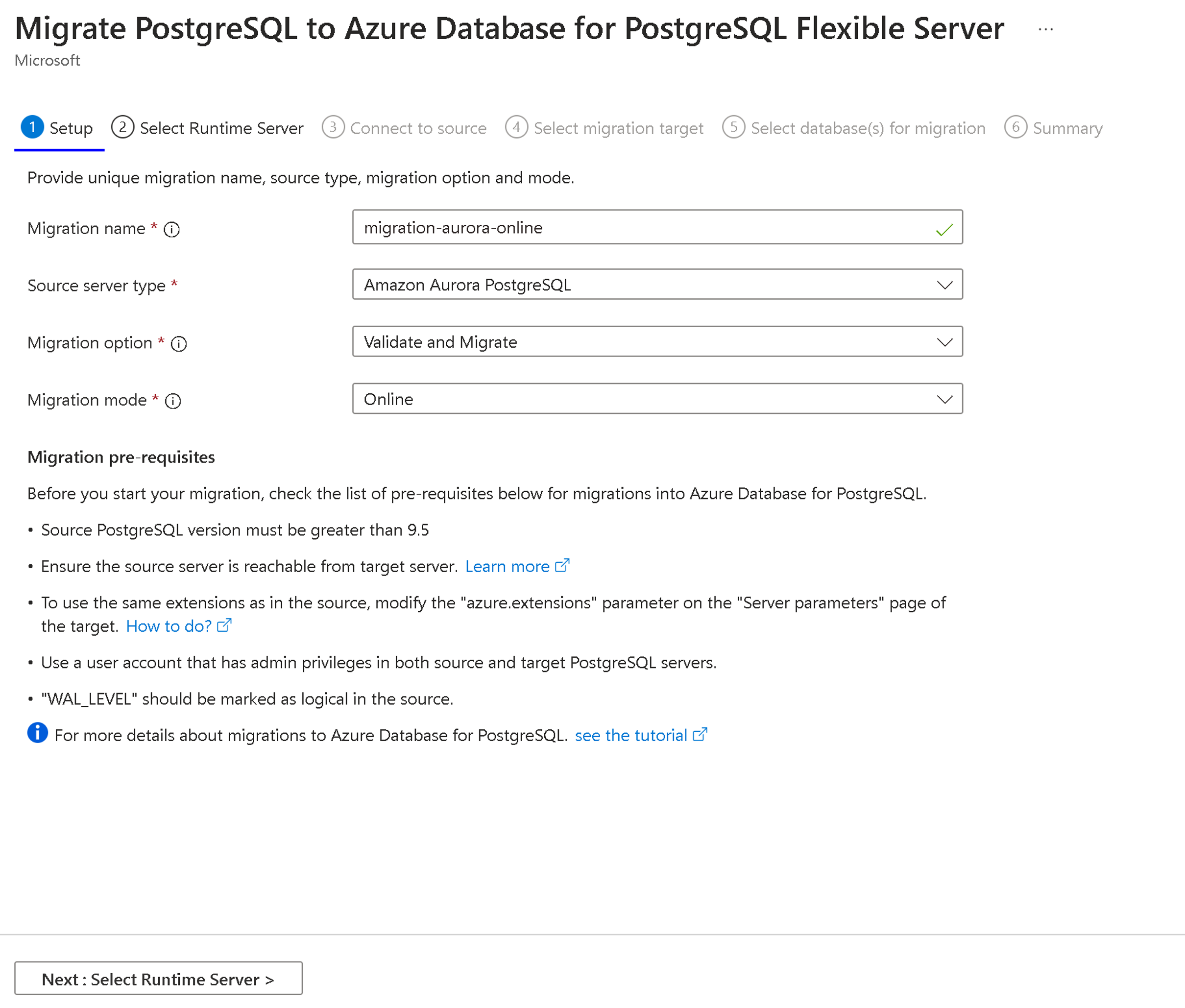 Azure portal の移行の [セットアップ] タブのスクリーンショット。