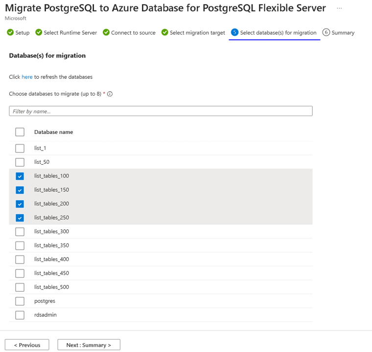Azure portal で移行するデータベースを選択する方法を示すスクリーンショット。