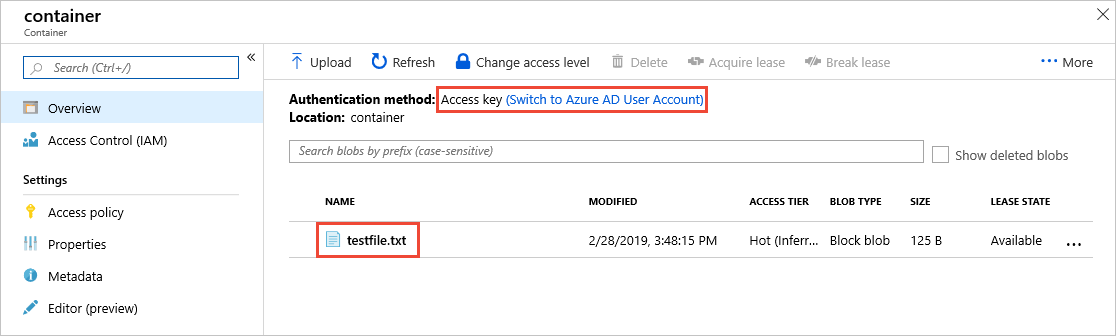 アカウント キーを使用して現在コンテナーにアクセスしているユーザーを示すスクリーンショット