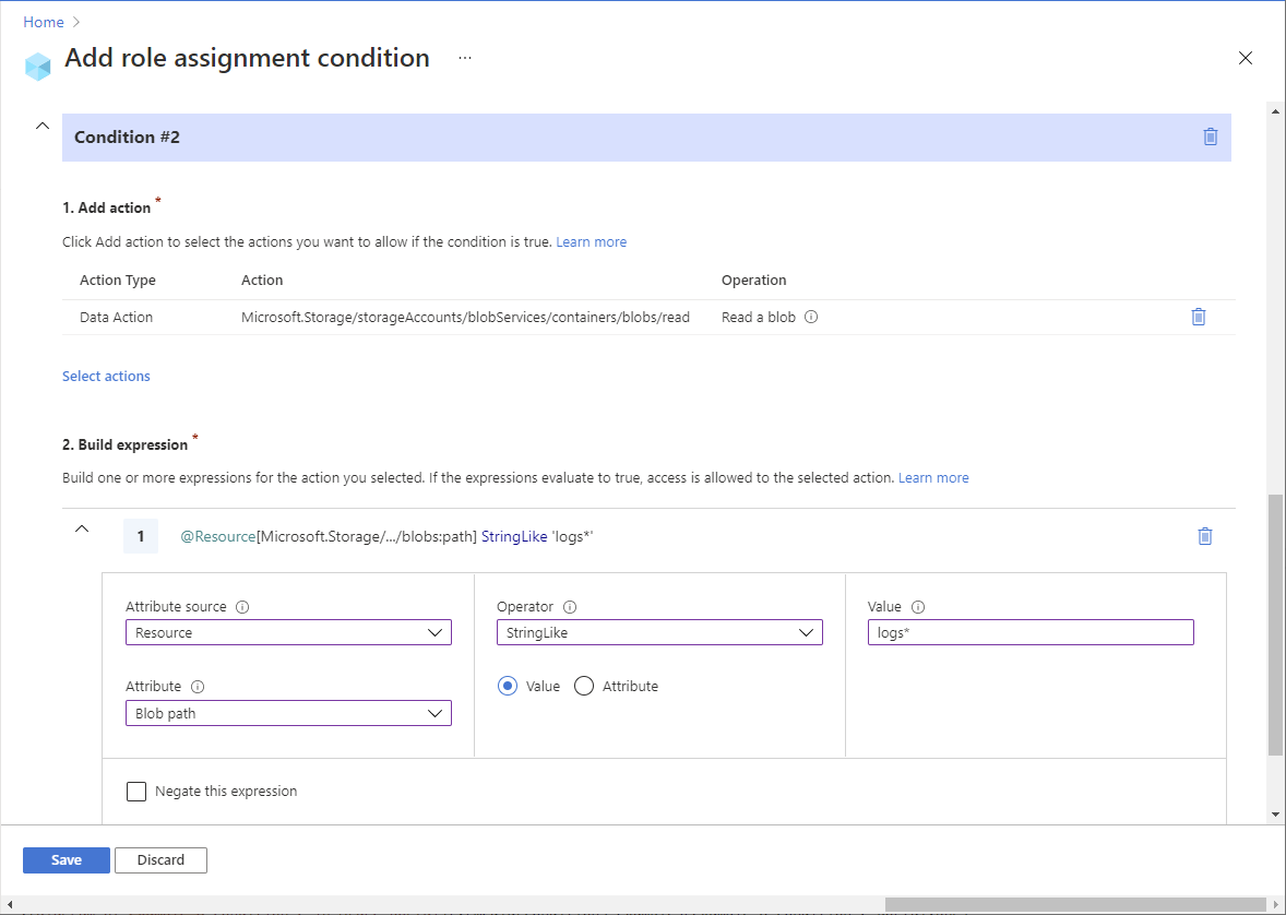 BLOB インデックス タグとパスを持つ BLOB への読み取りアクセスを示す Azure portal の条件 2 エディターのスクリーンショット。