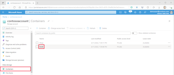 Azure portal で Web サイト ストレージ コンテナーを検索する場所を示す画像