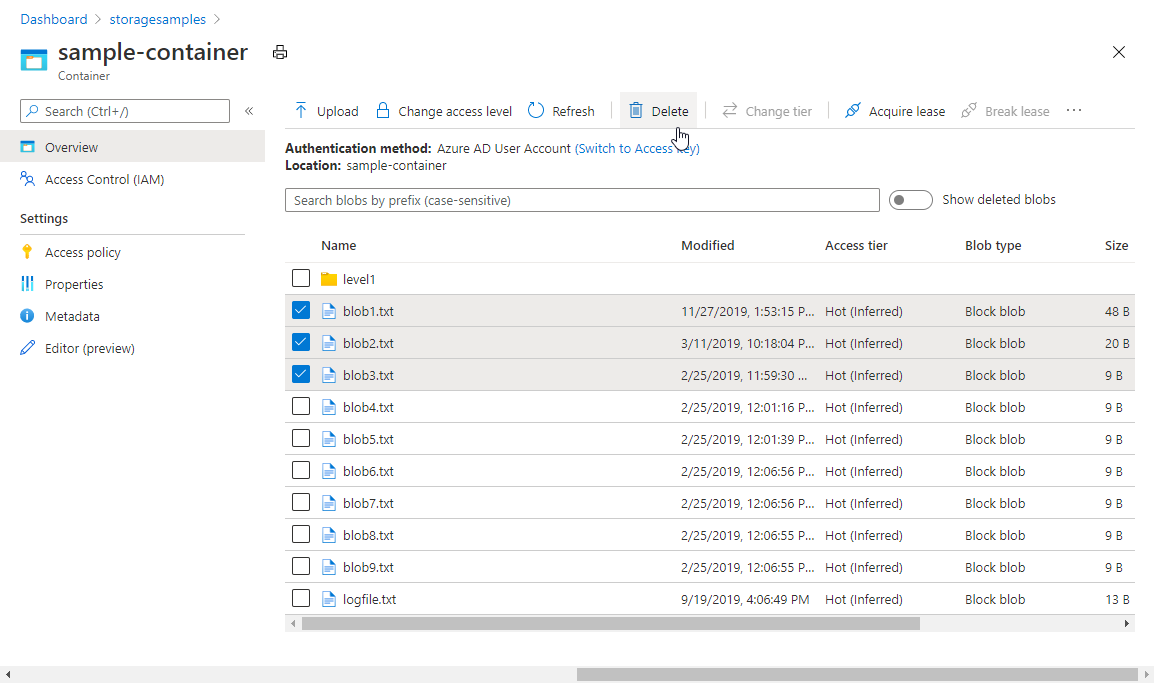 Azure portal から BLOB を削除する方法を示すスクリーンショット