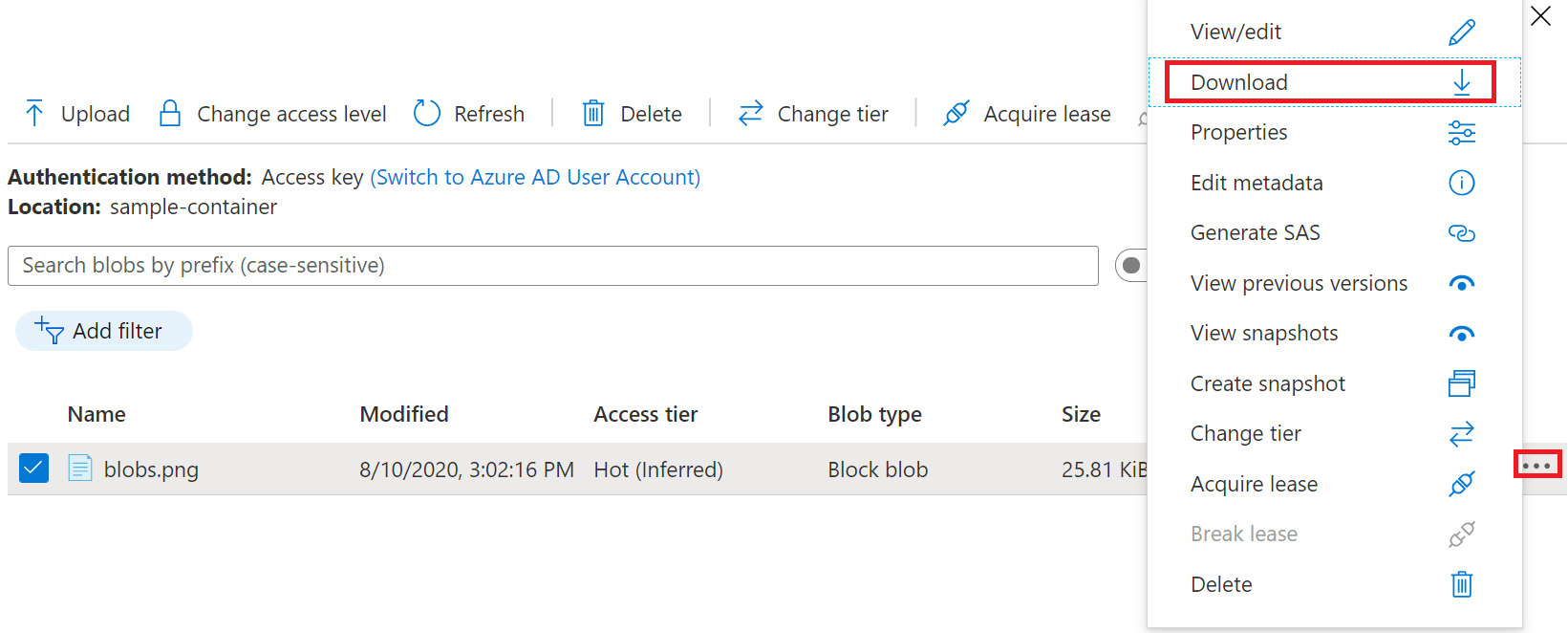 Azure portal で BLOB をダウンロードする方法を示すスクリーンショット