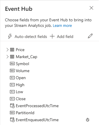 フィールドの種類を削除、名前変更、または変更できる Event Hubs のフィールドの一覧を示すスクリーンショット。