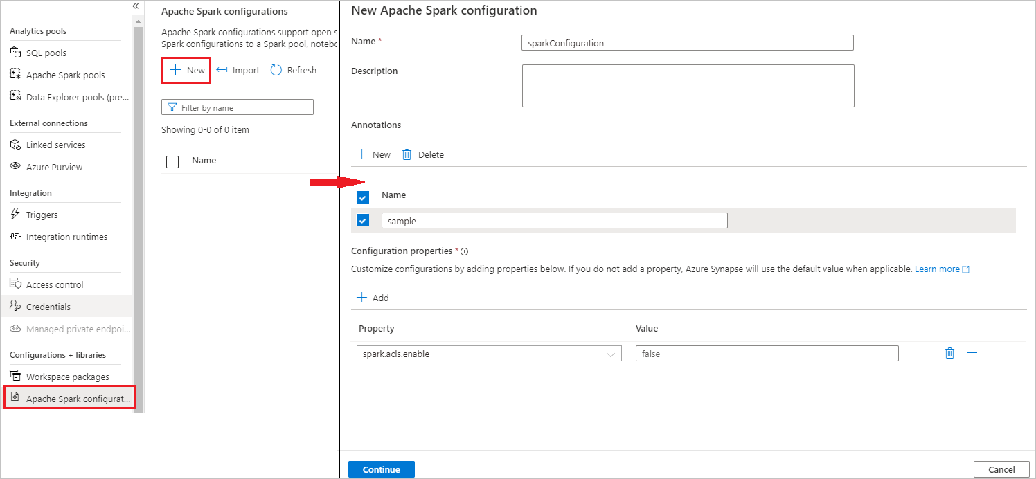 Spark 構成を作成するスクリーンショット。