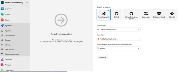 BizTalk Server で新しいパイプラインをホストするには、Azure リポジトリ git を選択します。