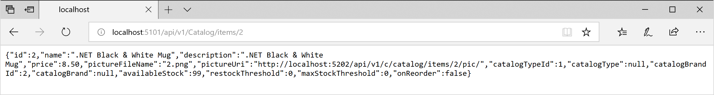 Catalog.api への直接応答を示すブラウザーのスクリーンショット。
