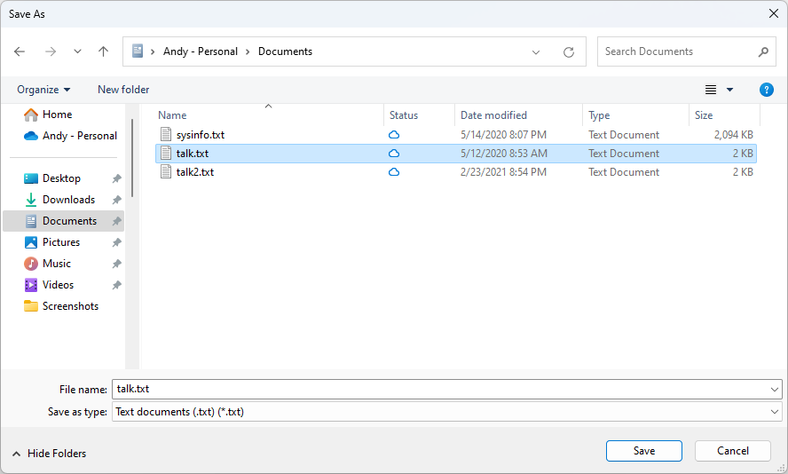 WPF アプリケーションから表示されるファイルを保存する場所を示す [名前を付けて保存] ダイアログ ボックス。