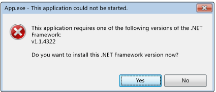 .NET Framework 初期化エラー ダイアログ ボックス
