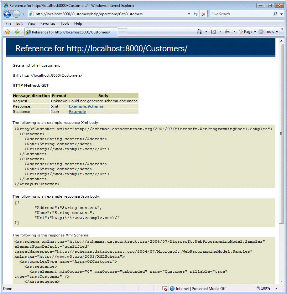 GetCustomers メソッドの WCF REST ヘルプ ページの詳細が開いているブラウザー。