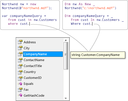 Intellisense を使用した LINQ クエリを示す図。