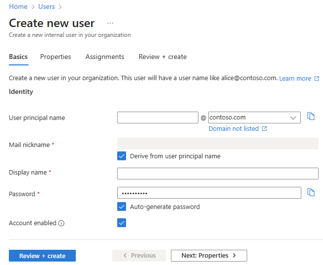 [Create new user Basics]\(新しいユーザーの作成の基本\) タブのスクリーンショット。