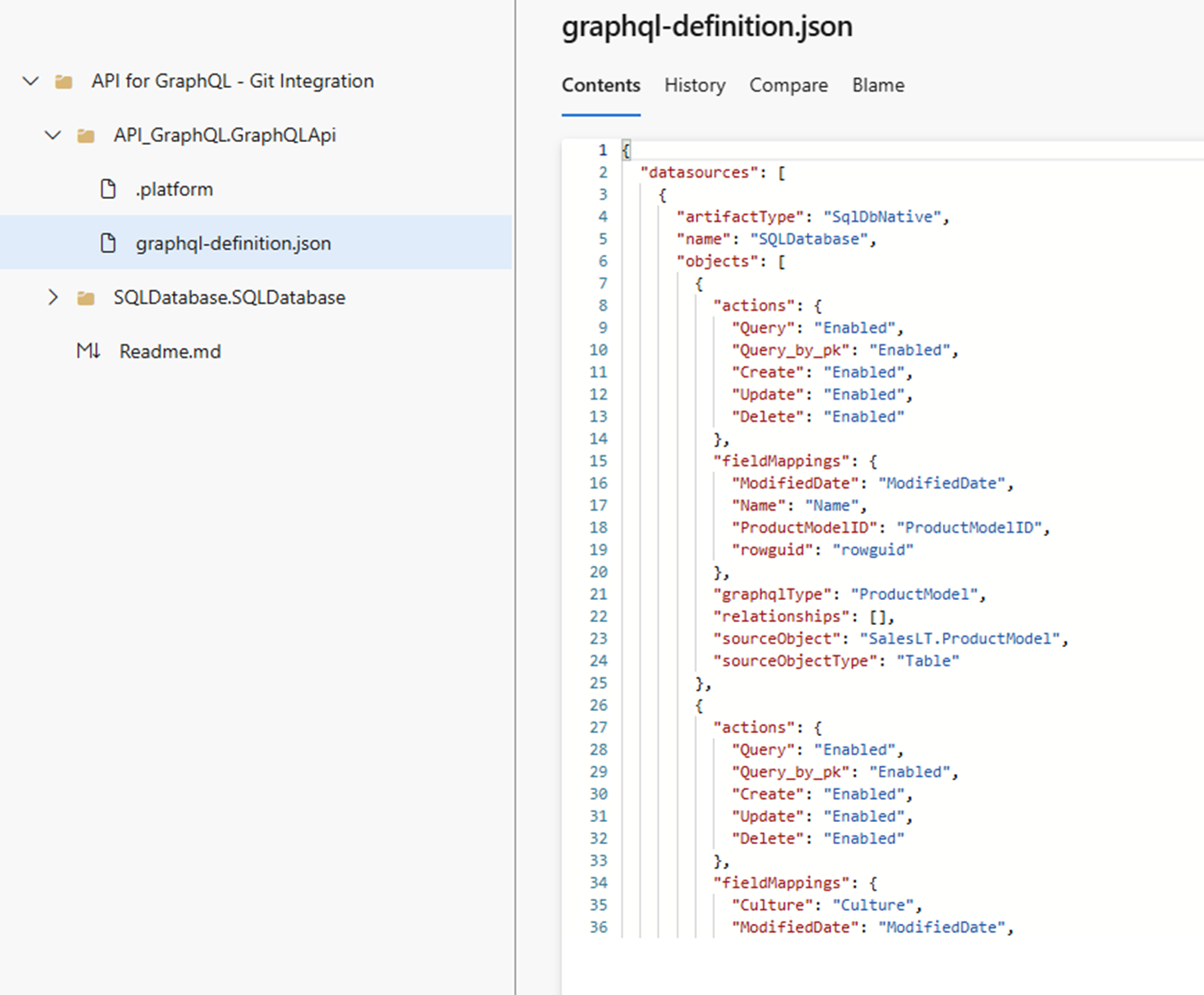 Git に格納されている GraphQL 定義の API のスクリーンショット。