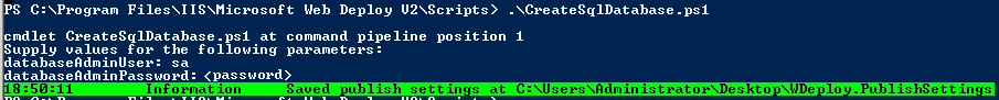 S Q L データベースを作成するためのスクリプトと出力を含む PowerShell コンソールのスクリーンショット。