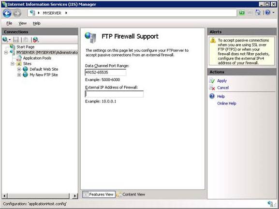 [F T P Firewall Support]\(F T P ファイアウォールのサポート\) ウィンドウの値が 49152 dash 65535 に設定されているデータ チャネル ポート範囲のスクリーンショット。
