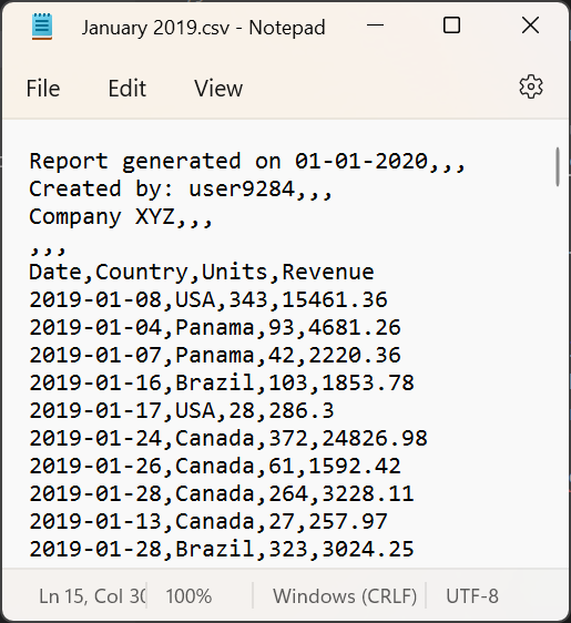 ヘッダー セクションと残りのデータがすべてコンマで区切られた、2019 年 1 月のサンプル CSV ファイルのスクリーンショット。