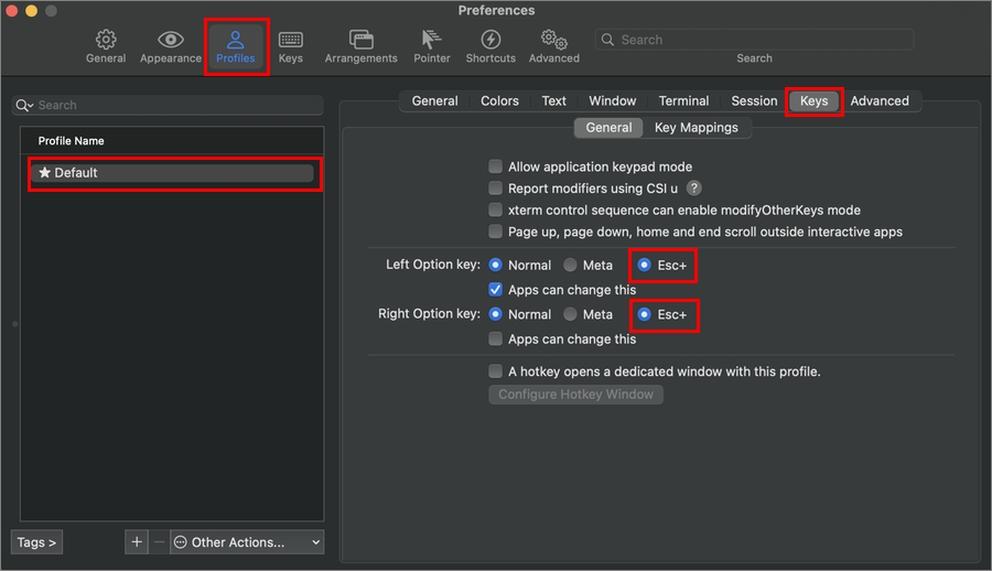 iTerm.app 設定のスクリーンショット。