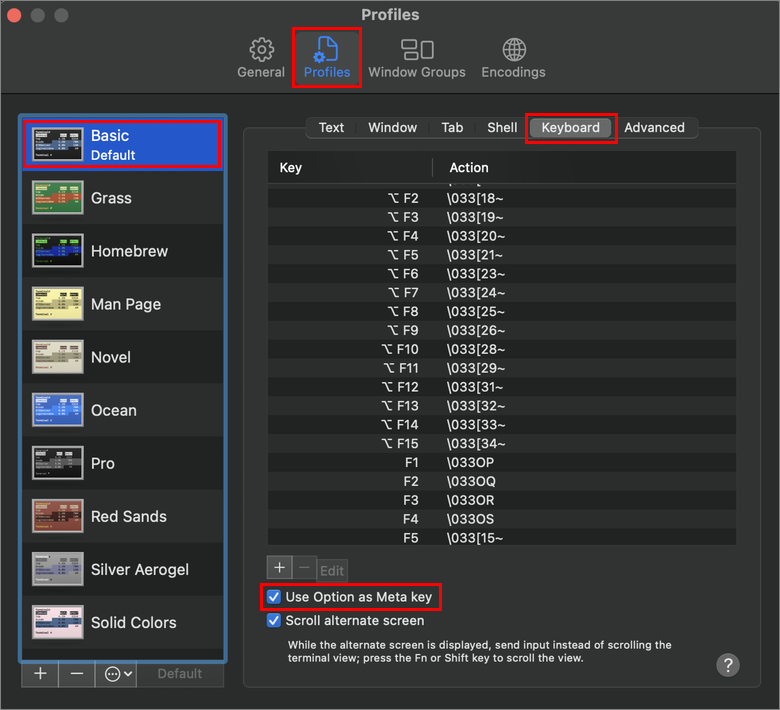 Terminal.app 設定のスクリーンショット。
