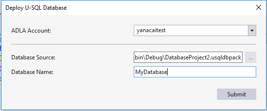 Data Lake Tools for Visual Studio - U-SQL データベース プロジェクトの配置ウィザード