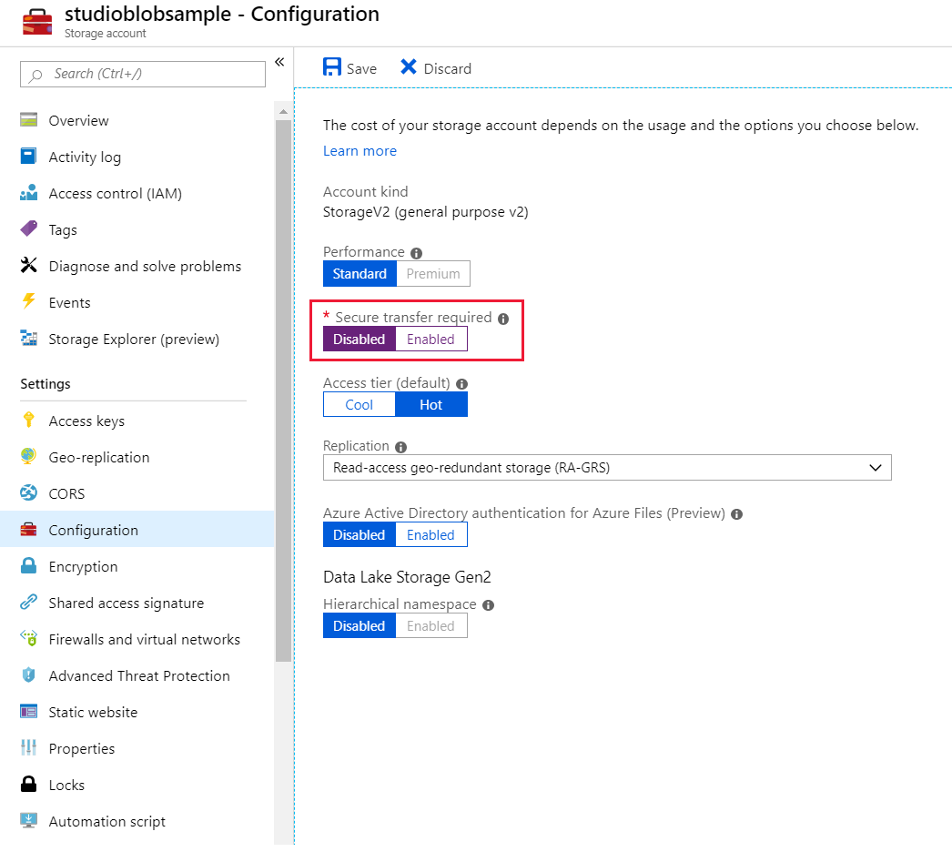 Azure portal でセキュリティで保護された転送を無効にする
