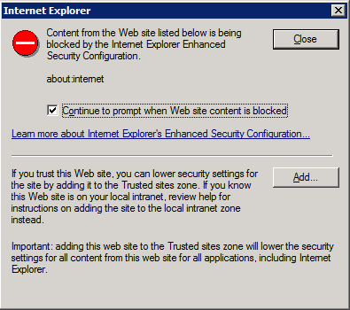 Internet Explorer のセキュリティ強化構成を示すダイアログ ボックスのスクリーンショット。「about:」のインターネット アクセスがブロックされています。
