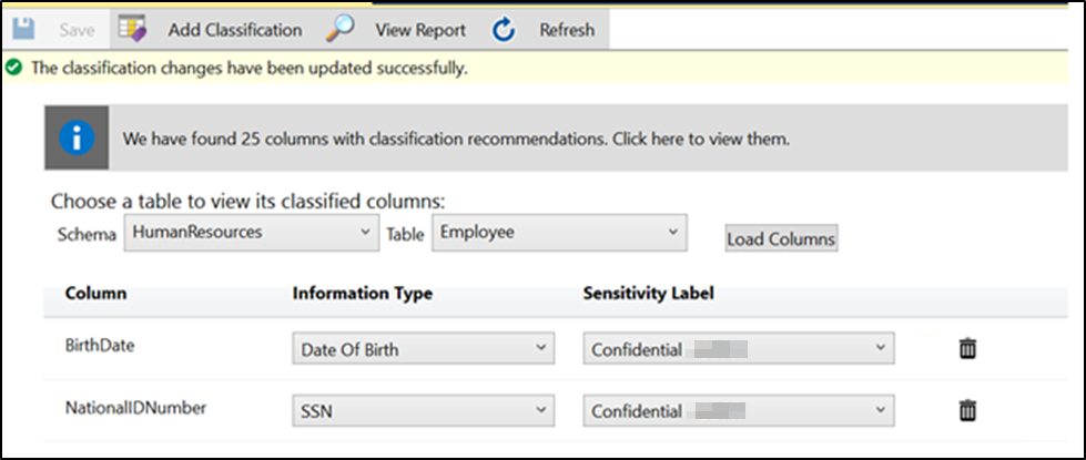 SSMS のデータ分類での分類済み列の読み込みのスクリーンショット。