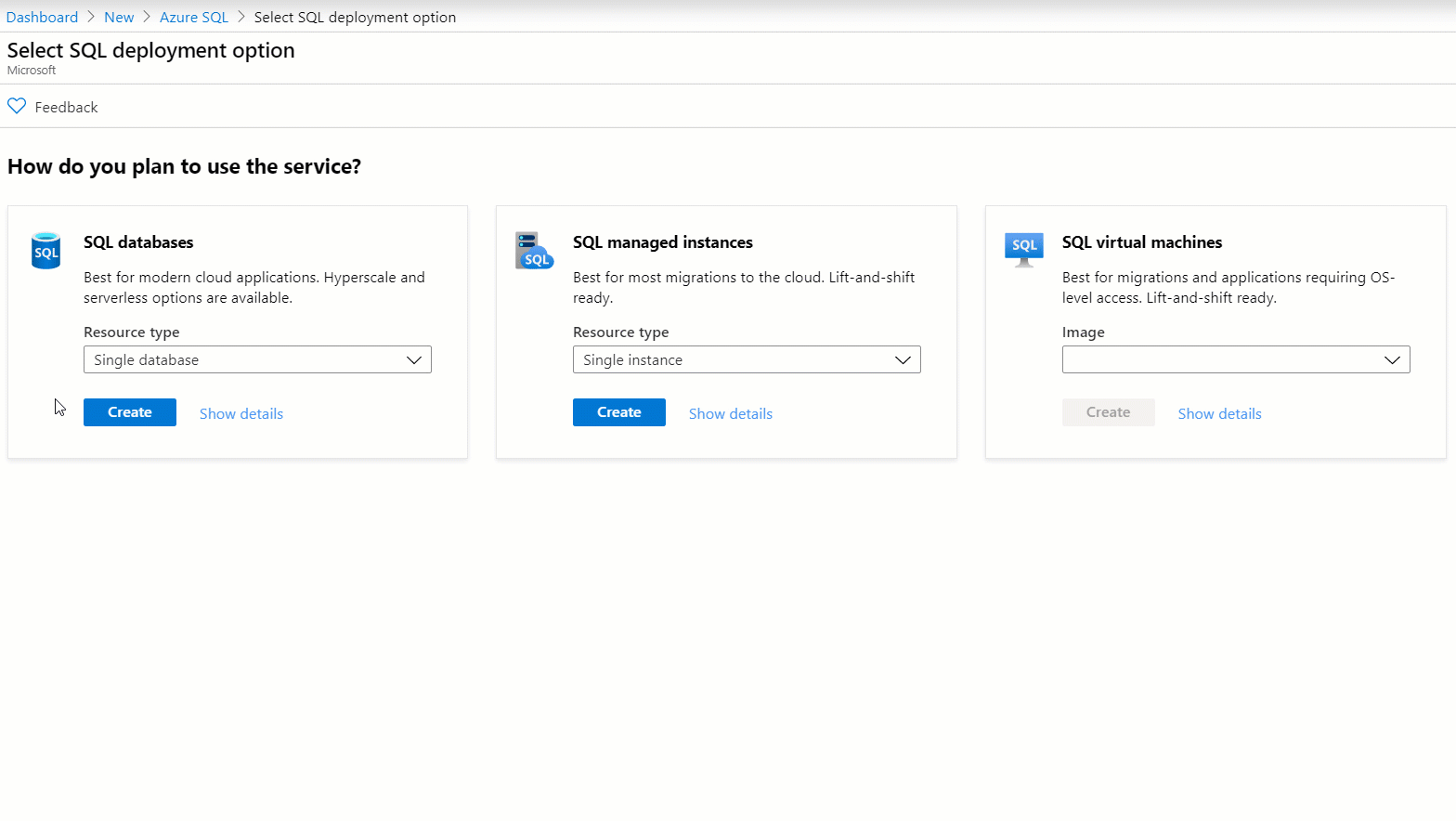 ポータルの Azure SQL デプロイ オプションのスクリーンショット。