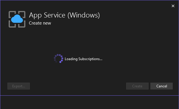 アプリ サービスの作成ワークフローでサブスクリプション情報を読み込むスクリーンショット。