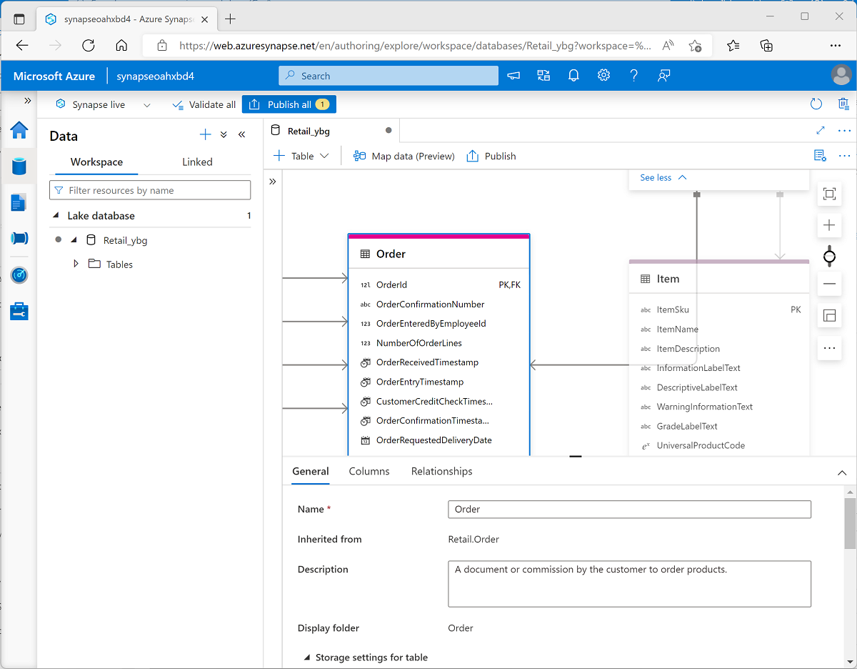 Azure Synapse Studio のデータベース デザイナーのスクリーンショット。