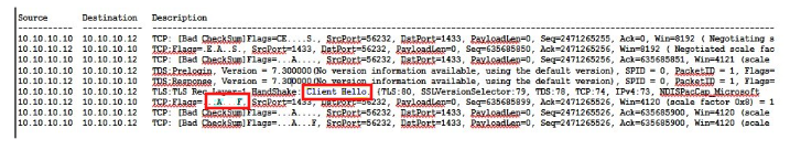 サーバーがクライアント Hello パケットに応答する方法を示すネットワーク キャプチャのスクリーンショット。