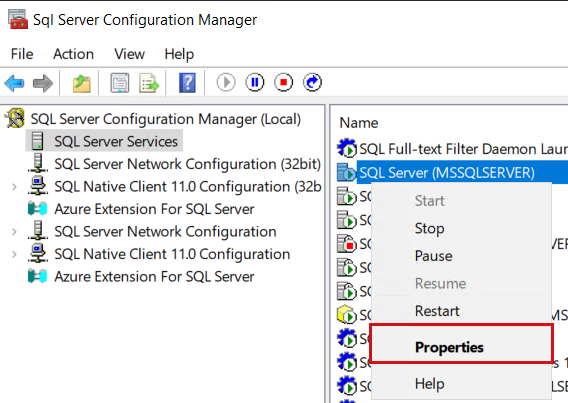 [プロパティ] が強調表示されている SQL Server サービスの右クリック メニューのスクリーンショット。