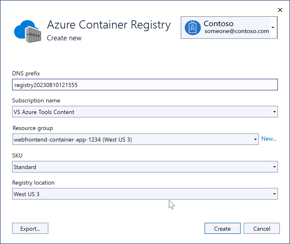 作成したばかりの新しい Azure Container Registry を示すスクリーンショット。