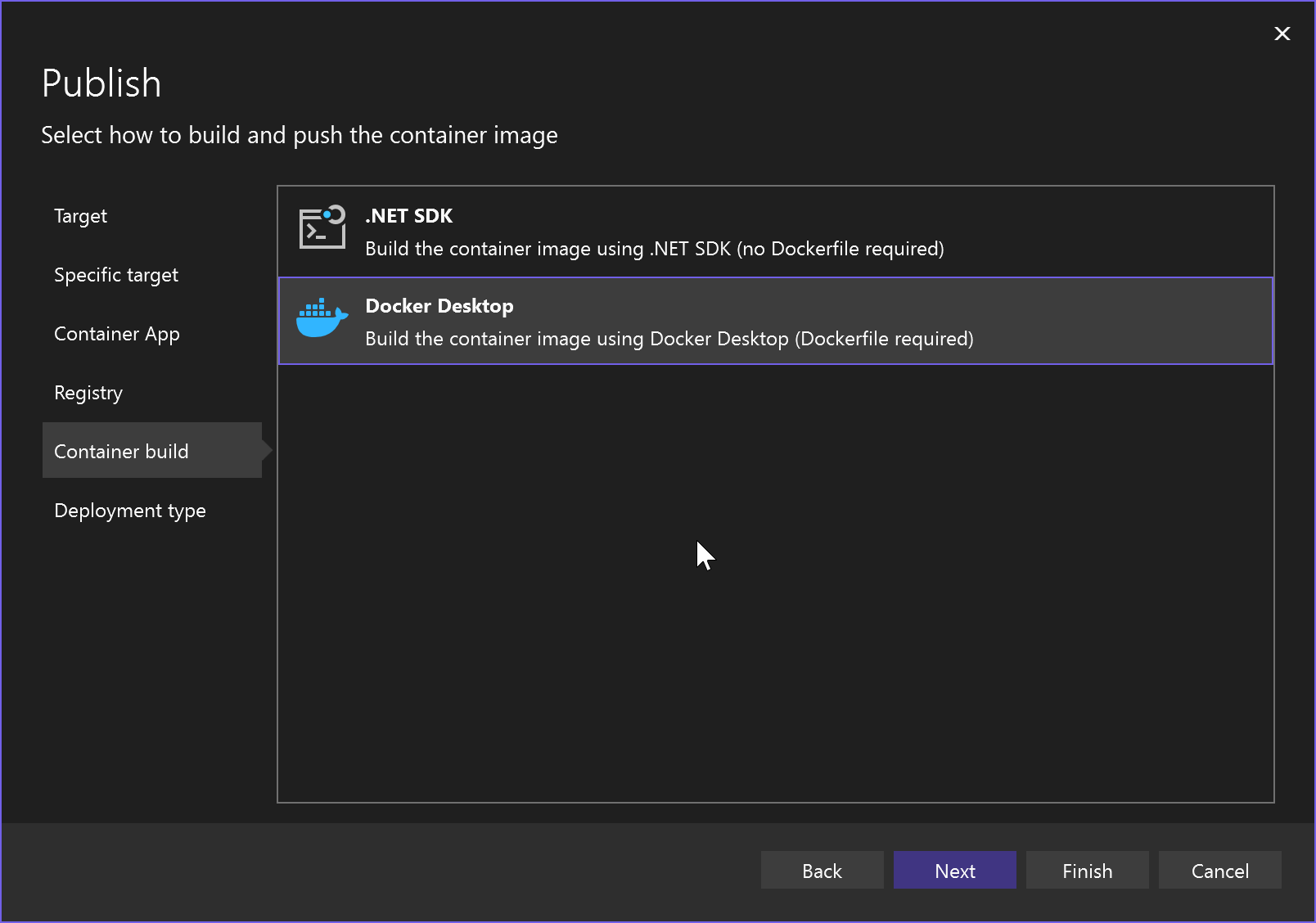 Docker Desktop が選択されているコンテナー のビルドの種類の選択を示すスクリーンショット。
