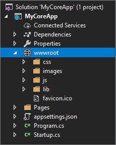 スクリーンショットは、Visual Studio のソリューション エクスプローラーで選択された w w ルート フォルダーを示しています。