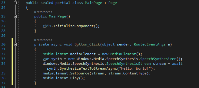 新しい非同期Button_Click イベント ハンドラーの C# コードを示すスクリーンショット。