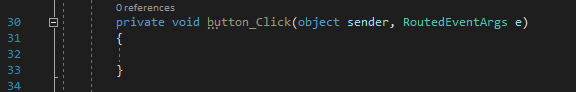 既定のButton_Click イベント ハンドラーの C# コードを示すスクリーンショット。
