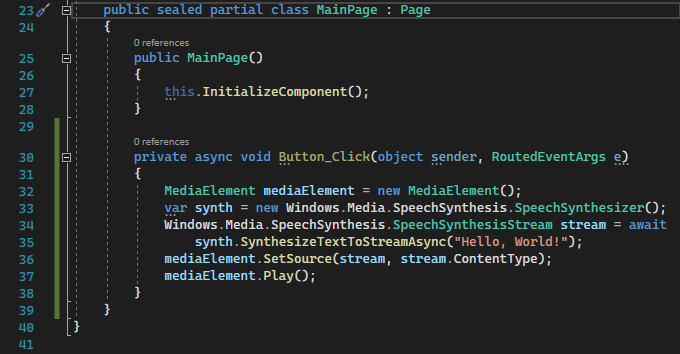 新しい非同期Button_Click イベント ハンドラーの C# コードを示すスクリーンショット。