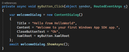 新しい非同期myButton_Click イベント ハンドラーの C# コードを示すスクリーンショット。