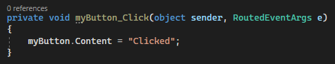 既定のmyButton_Click イベント ハンドラーの C# コードを示すスクリーンショット。