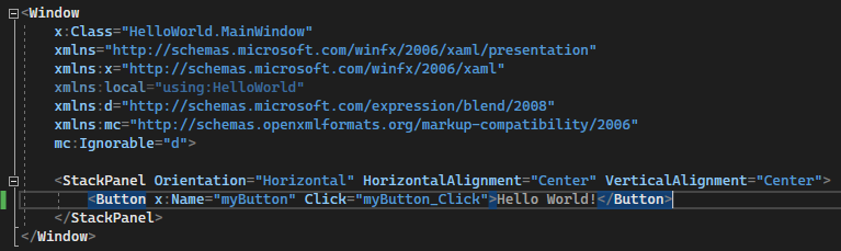 XAML エディターの Button の XAML コードを示すスクリーンショット。Content プロパティの値が 'Hello World!' に変更されました。