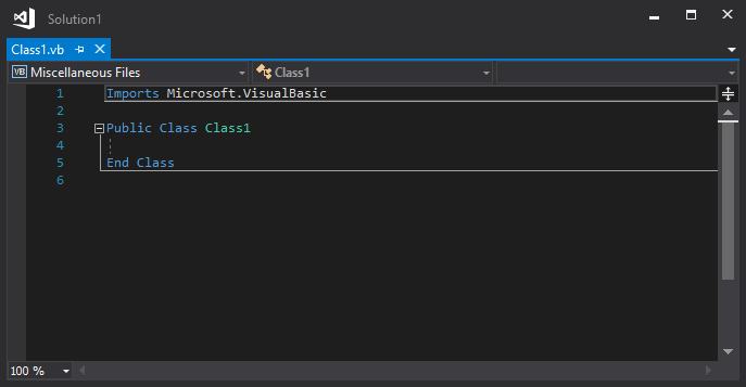 Visual Studio コード エディターの新しい Visual Basic クラス ファイルのスクリーンショット。