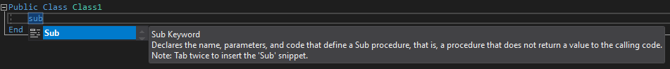 Visual Studio のサブ コード スニペットの IntelliSense のスクリーンショット。