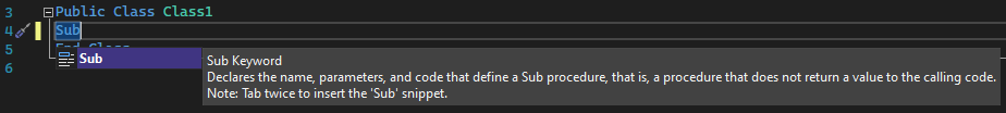 Visual Studio のサブ コード スニペットの IntelliSense のスクリーンショット。