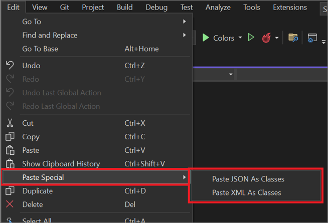 Visual Studio の [編集] メニューの [形式を選択して貼り付け] オプションのスクリーンショット。