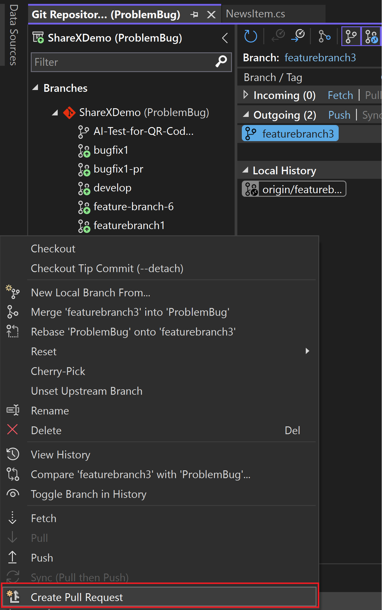 Visual Studio 2022 で出力/受信リンク テキストが強調表示された [Git リポジトリ] ウィンドウです。
